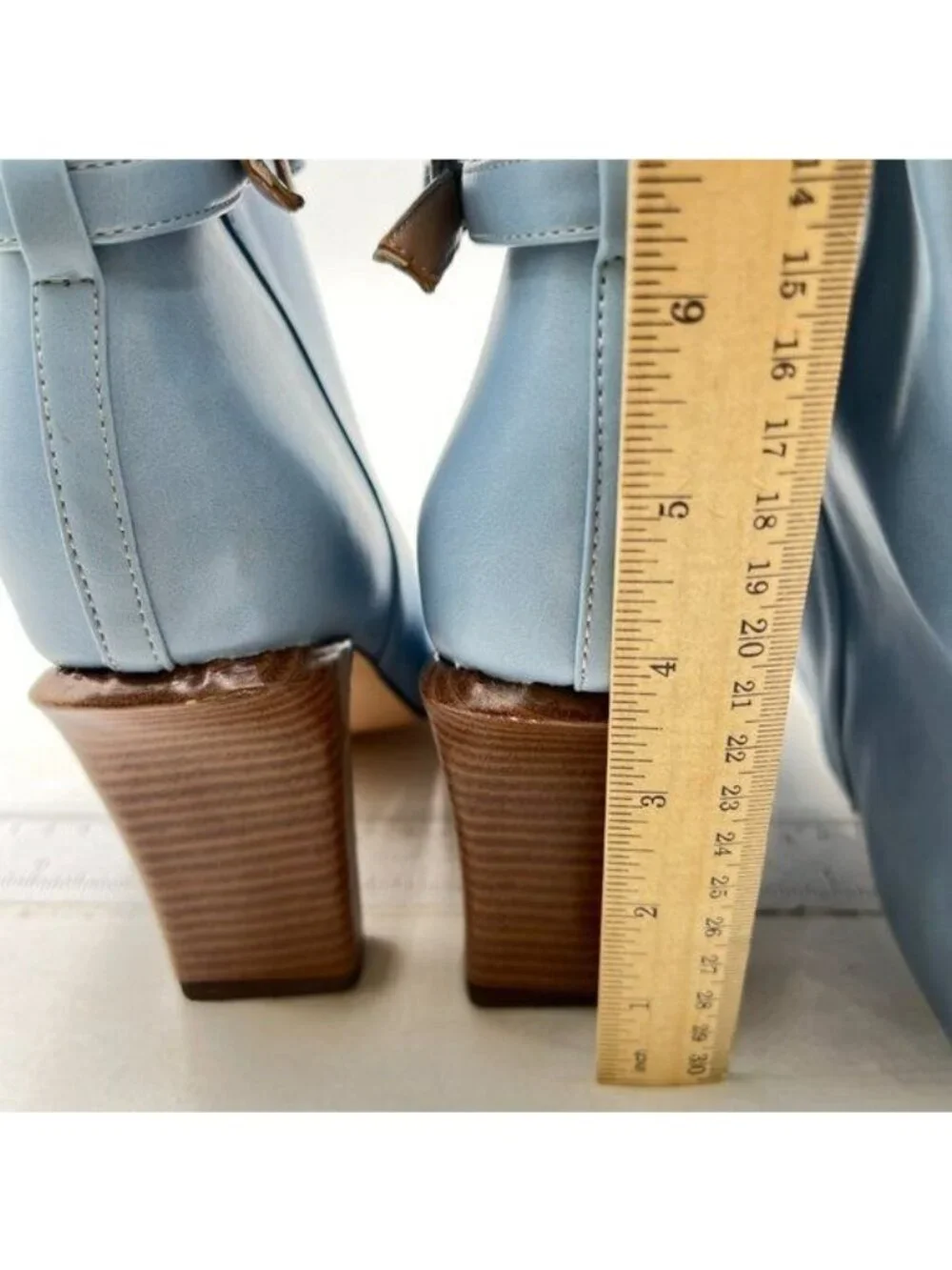 FSJ Women Fashion Knee High Long Boots Pull On Closed Toe Chunky Mid Heel Blue